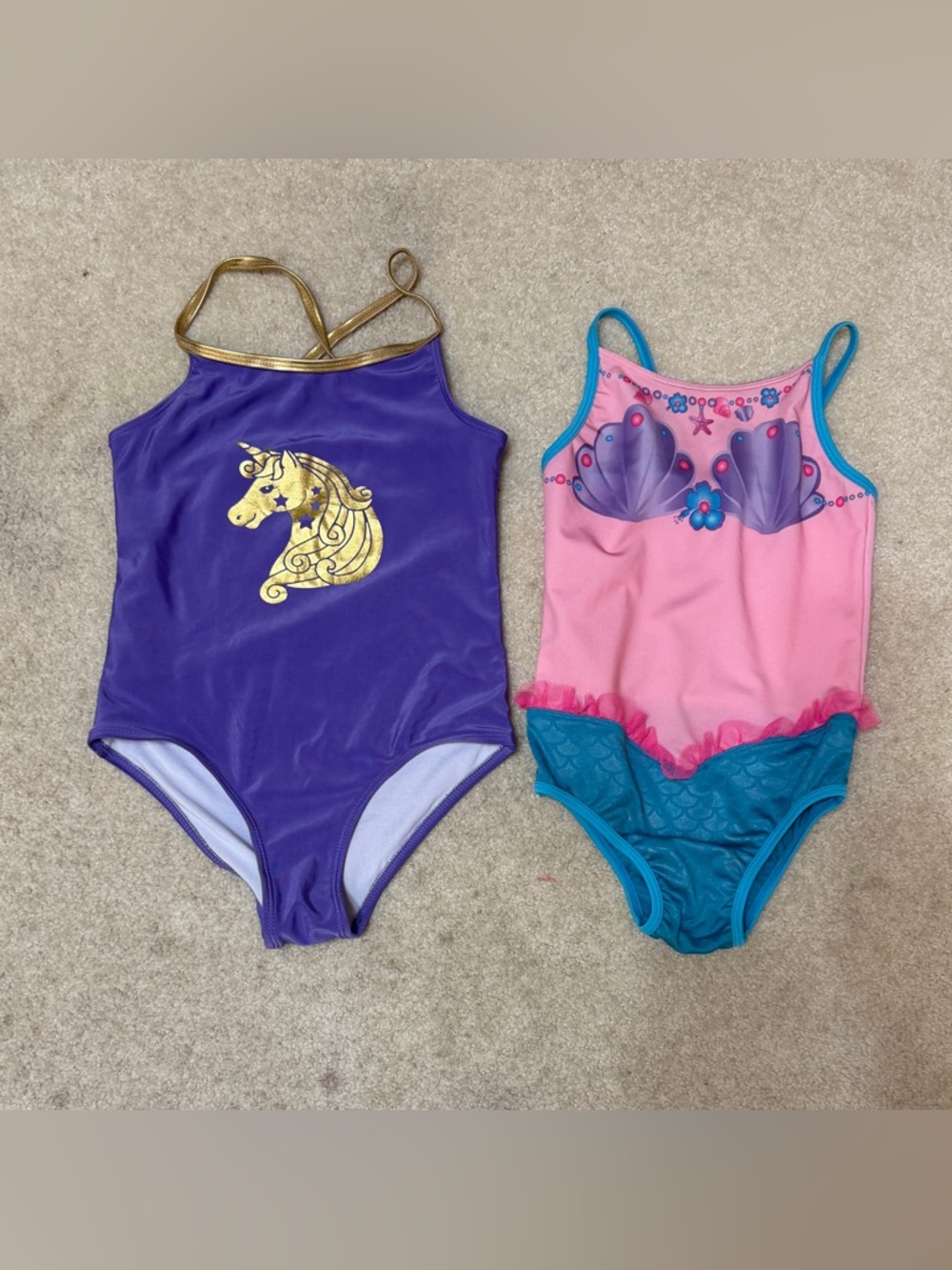 Purple Gold Unicorn One-Piece Swimsuit & Pink Teal Mermaid One-Piece Set 7/8Y